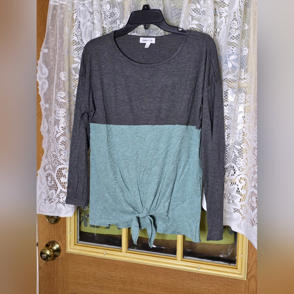 Hailey & Co. Two-Tone Tie-Front Long Sleeve Top - Charcoal & Seafoam